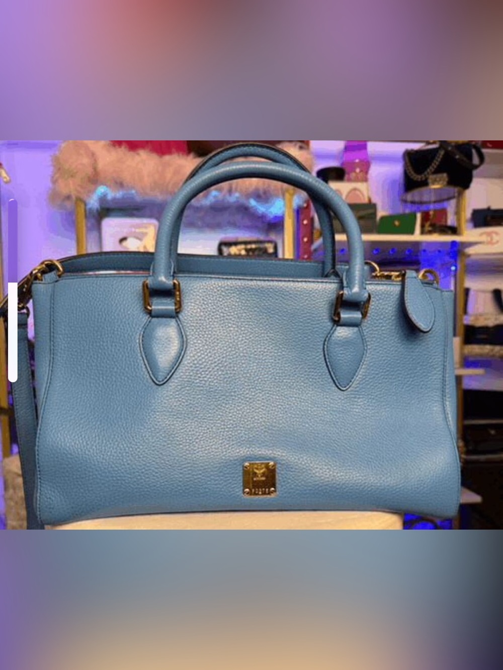 MCM Blue Pebbled Leather Double Zip Satchel Handbag Crossbody Strap